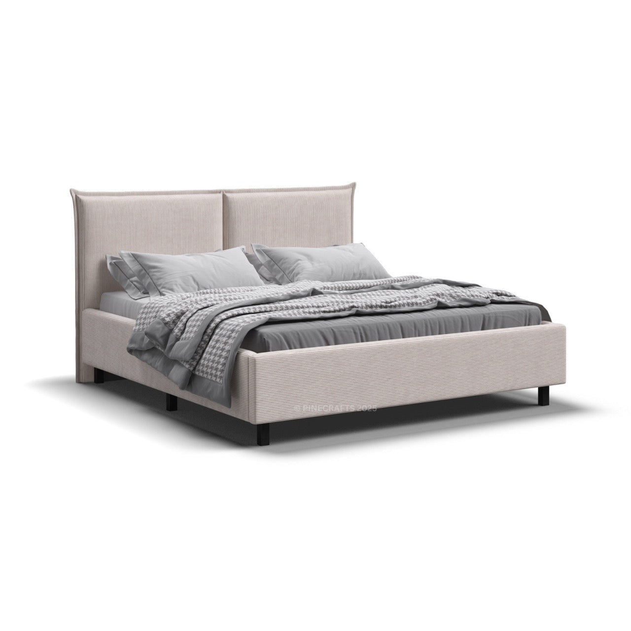 Beige upholstered bed with gray bedding on a white background