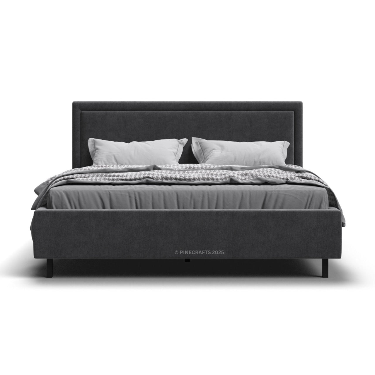 Gray upholstered bed with white bedding on a white background