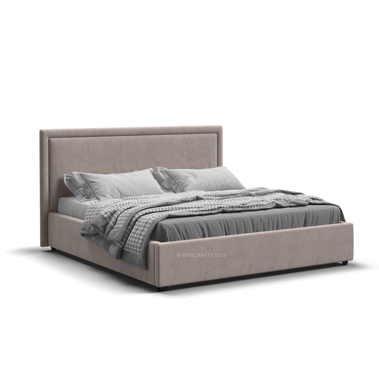 Beige upholstered bed with gray bedding on a white background