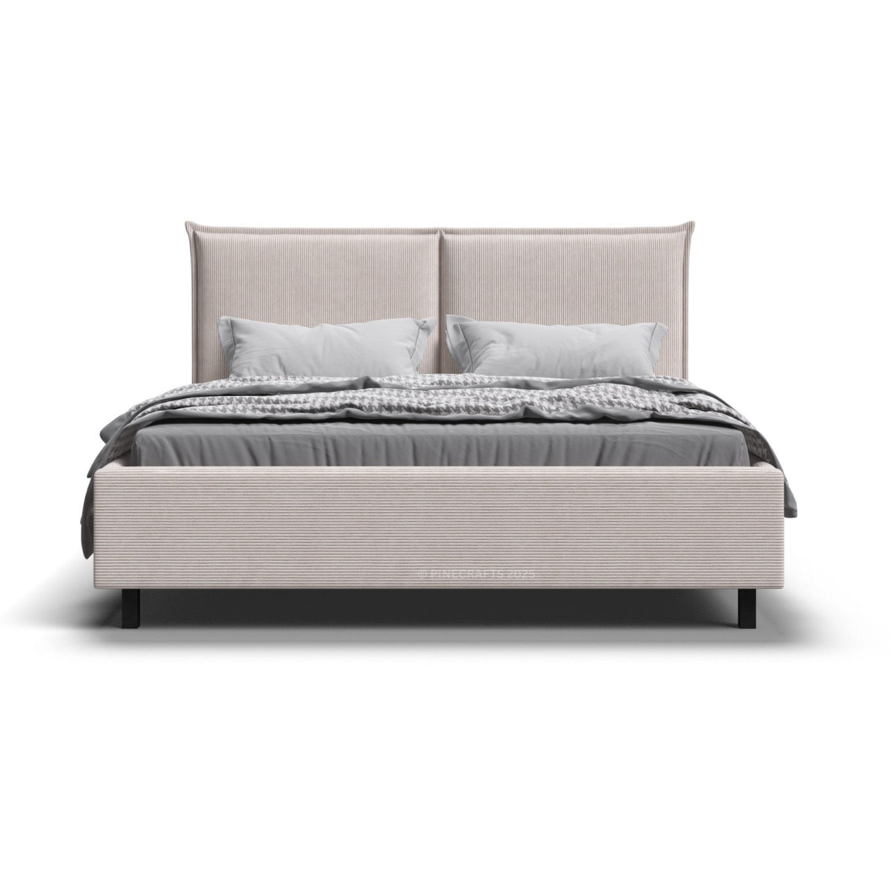 Gray upholstered bed with bedding on a white background