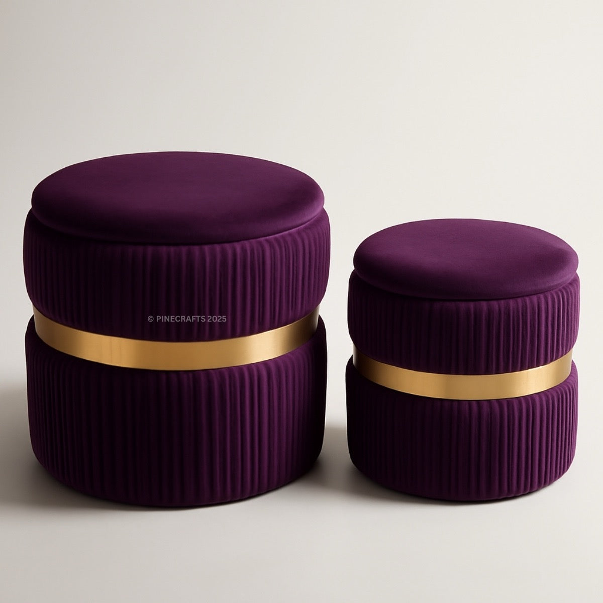 Two purple containers with gold bands on a light gray background