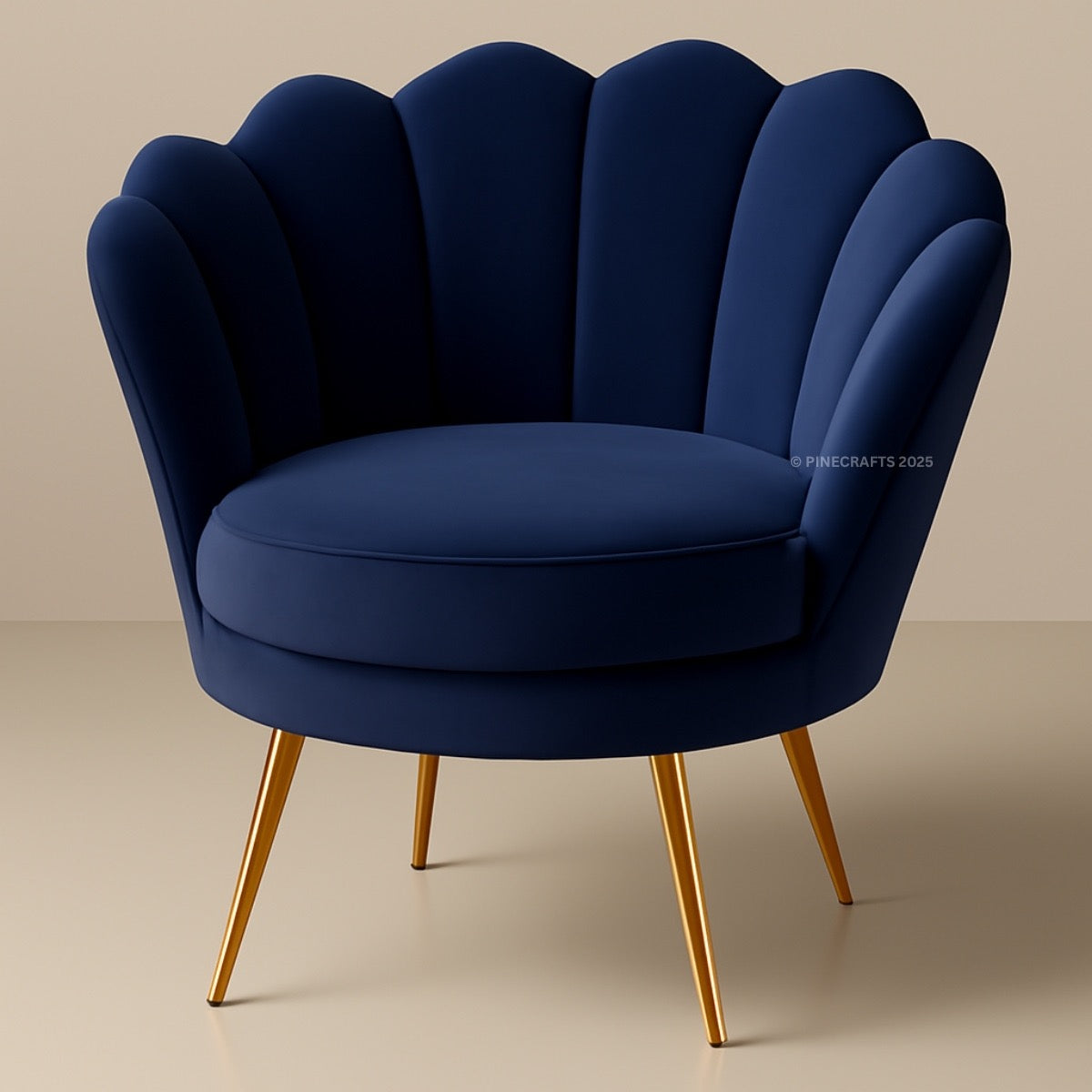 Blue armchair with scalloped backrest and gold legs on a beige background