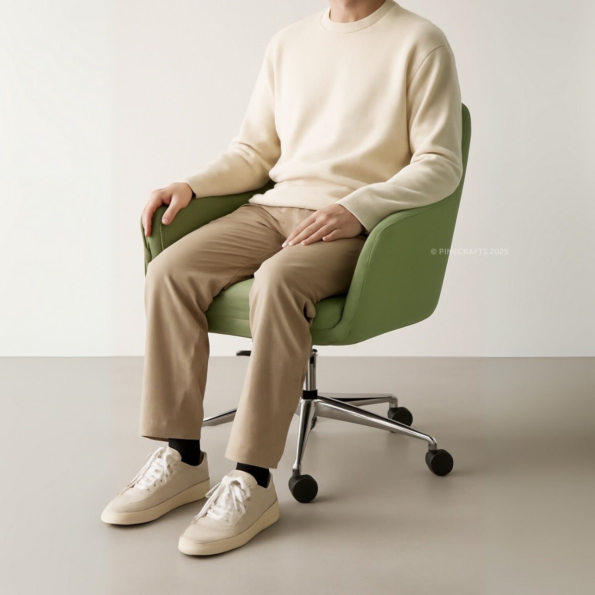 Person sitting on a green chair wearing a beige sweater, beige pants, and white sneakers.