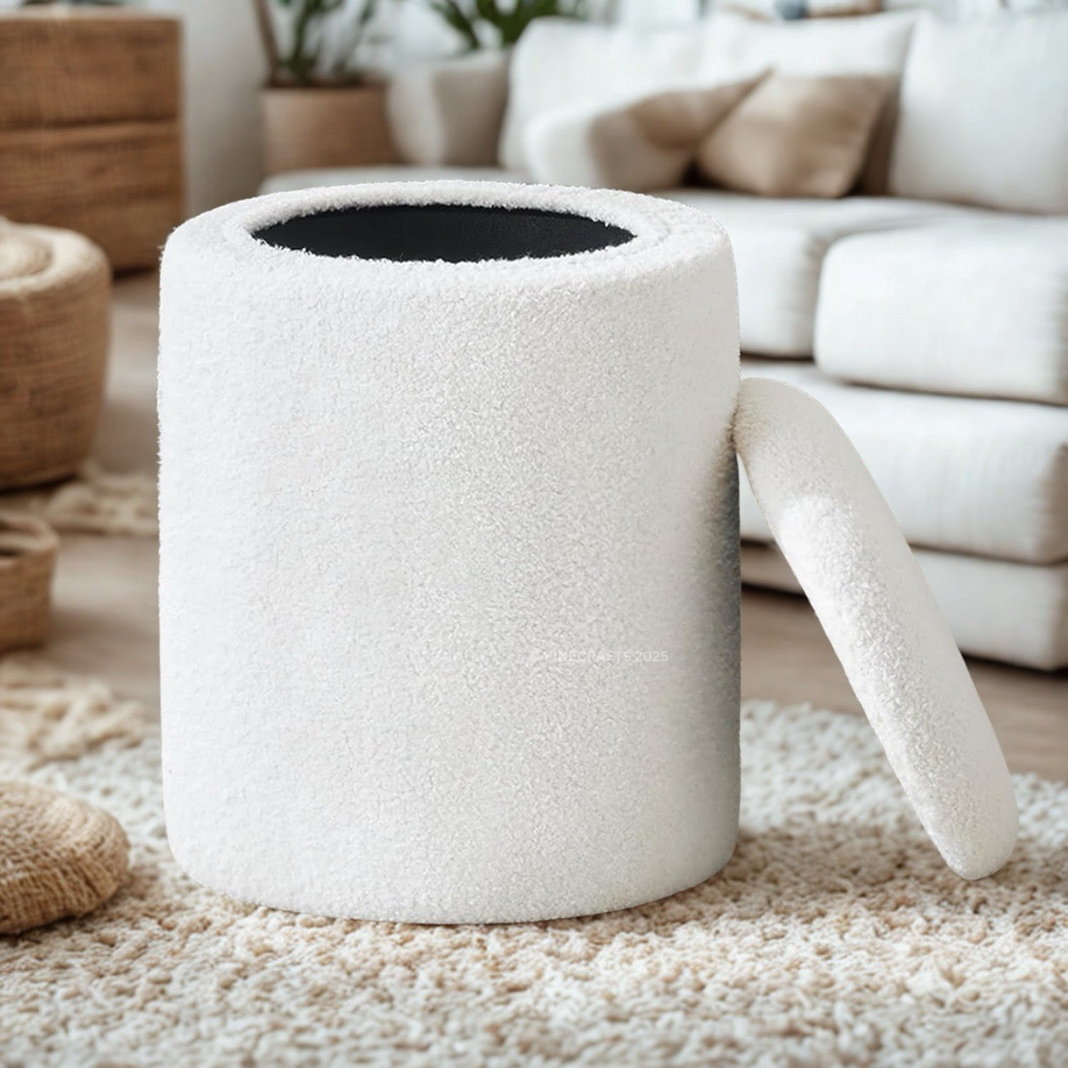 White textured ottoman with a handle in a living room setting