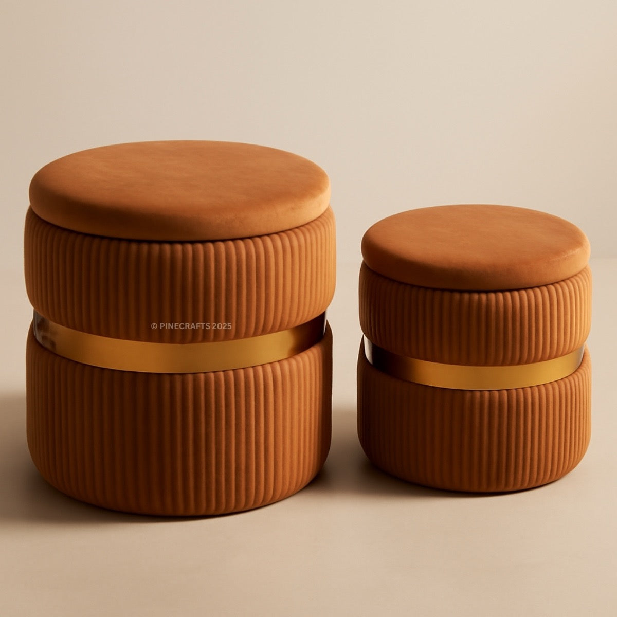 Two brown textured stools with gold bands on a beige background