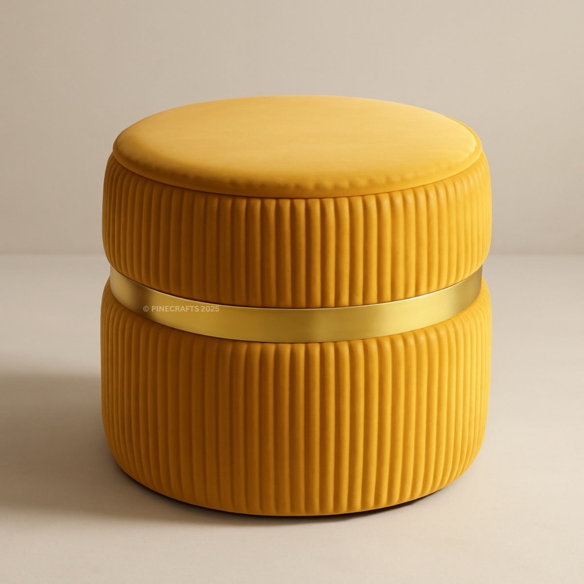 Yellow ribbed ottoman with a gold band on a beige background