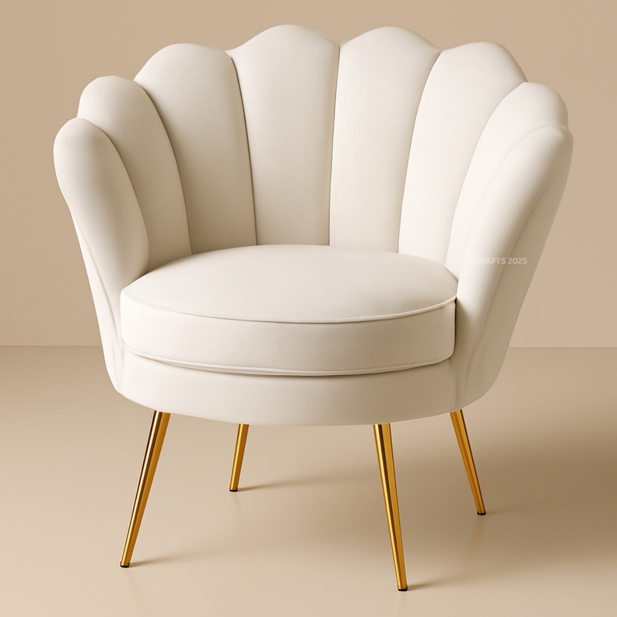 Beige armchair with scalloped backrest and gold legs on a beige background