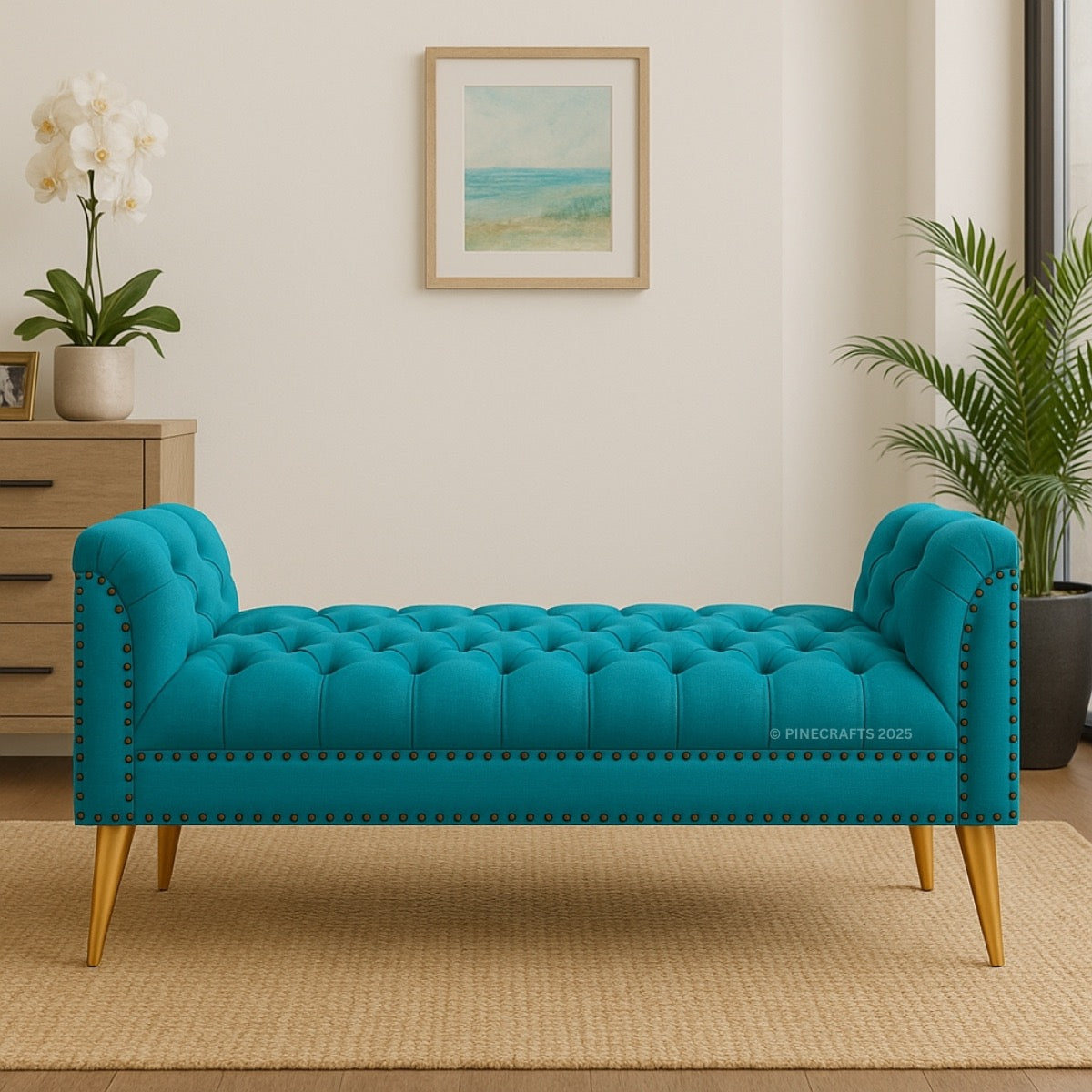 Turquoise tufted bench in a room with plants and a painting on the wall.
