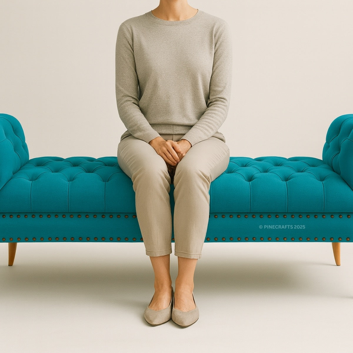 Person sitting on a teal tufted bench wearing a gray sweater and beige pants.