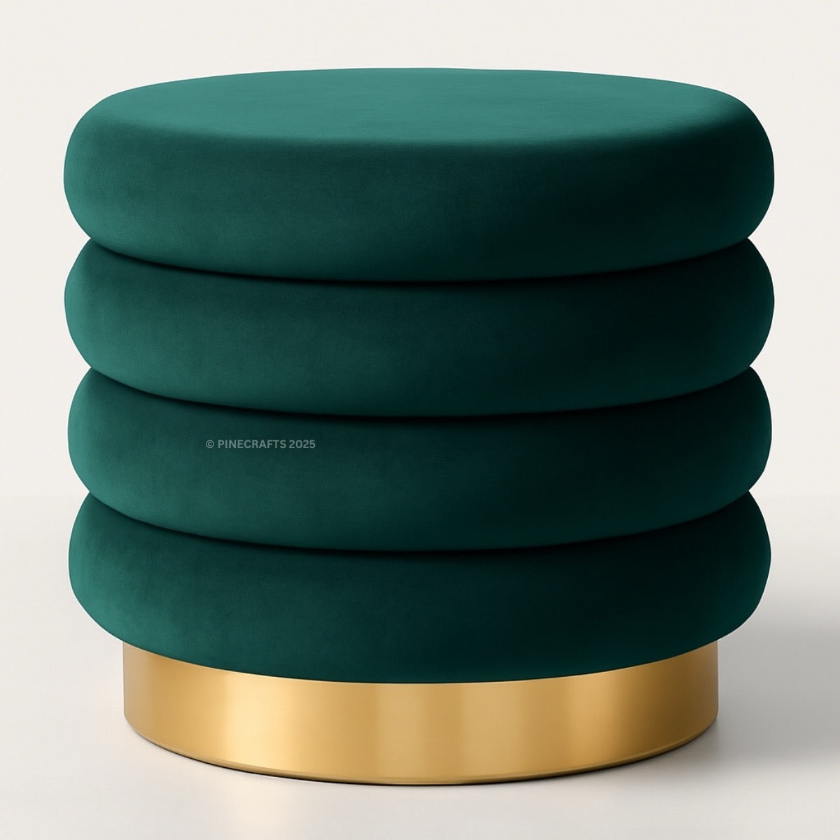 Green ottoman with a gold base on a white background