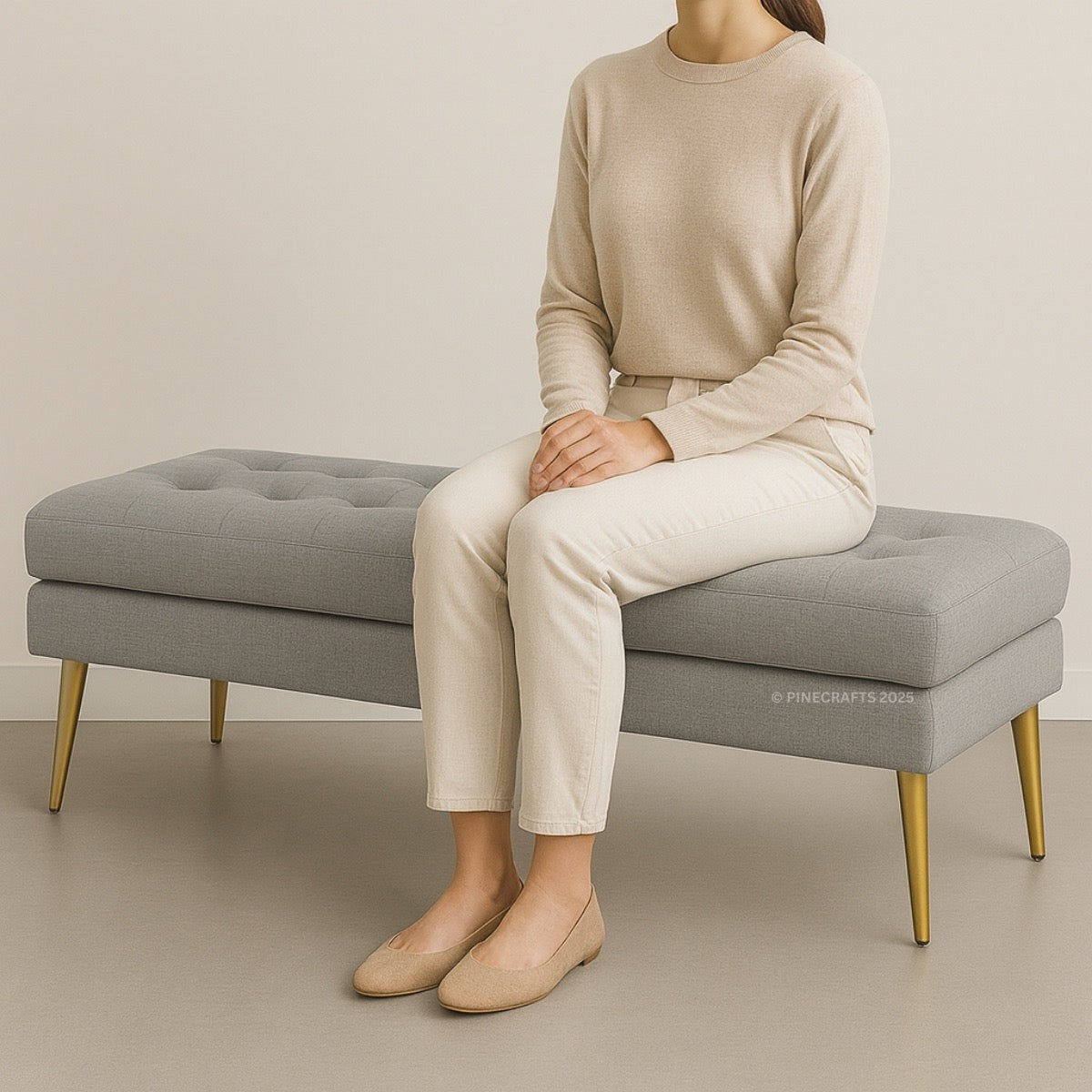 Person sitting on a gray upholstered bench with gold legs against a plain background