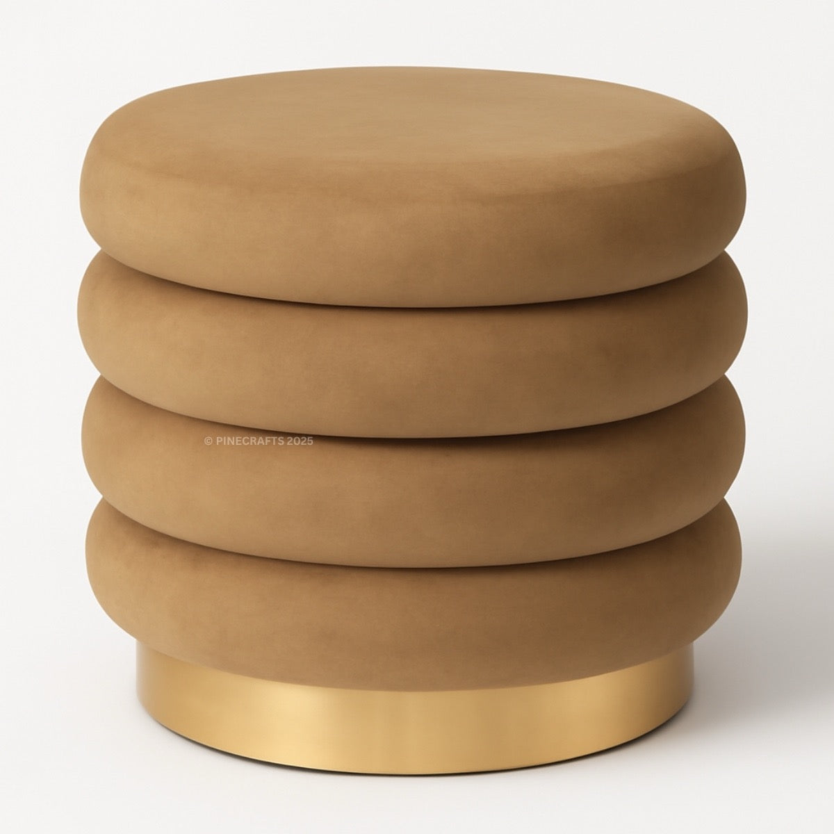 Brown ottoman with a gold base on a white background