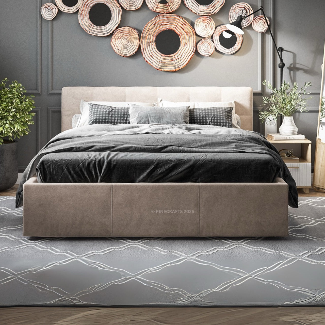 Beige upholstered bed with gray bedding in a modern bedroom setting.