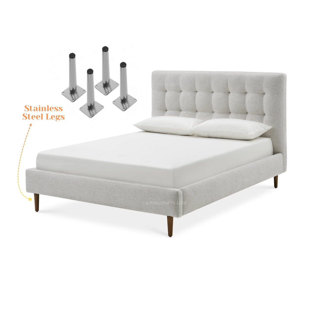 Gray upholstered bed with stainless steel legs on a white background