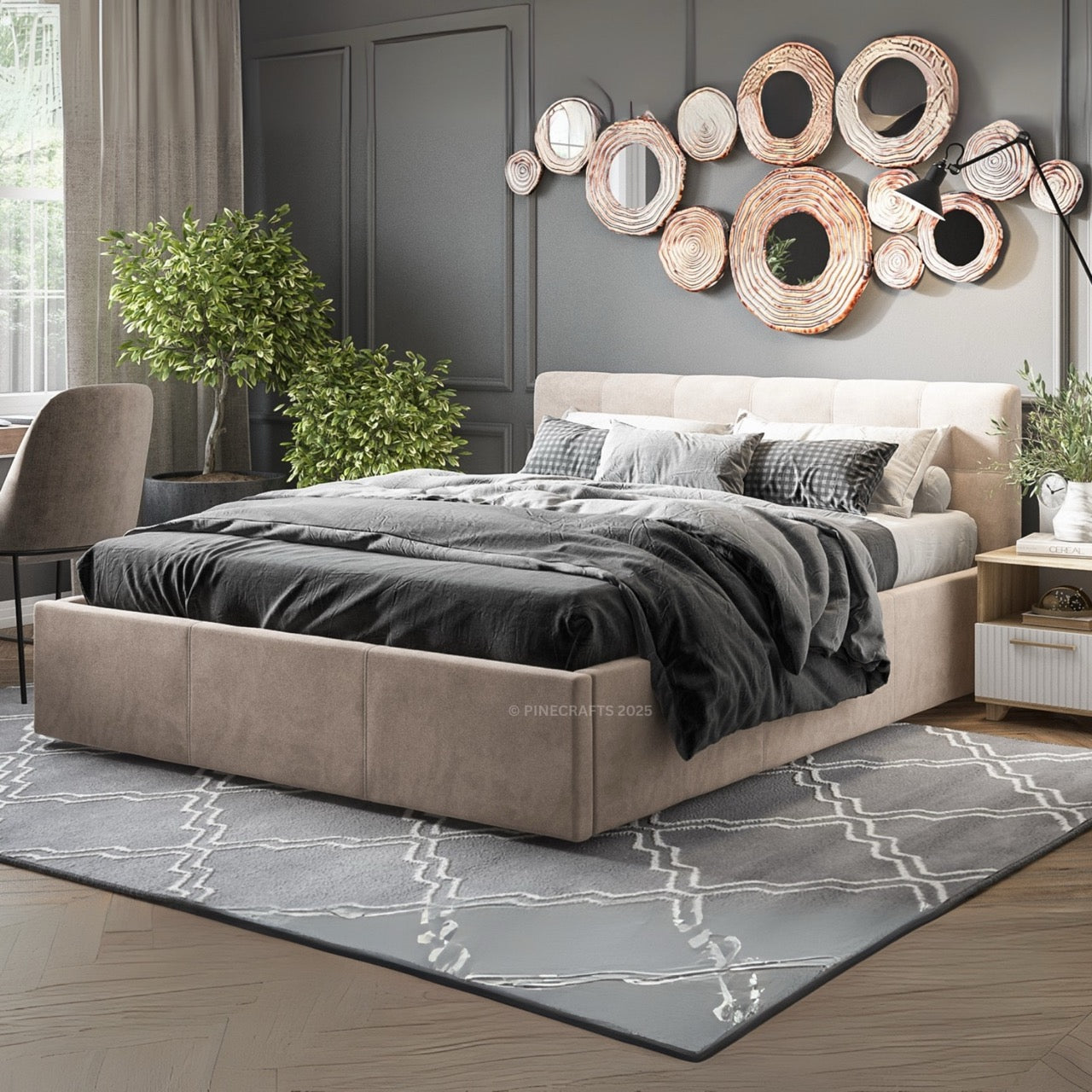 Modern bedroom with a bed, decorative wall mirrors, and plants.