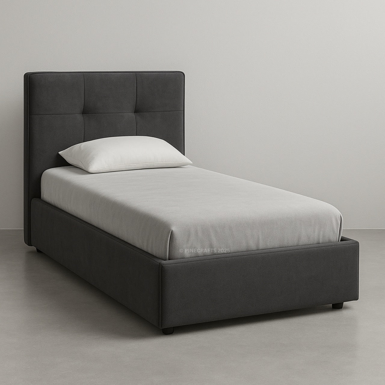 Modern bed with dark upholstered headboard and white bedding on a plain background