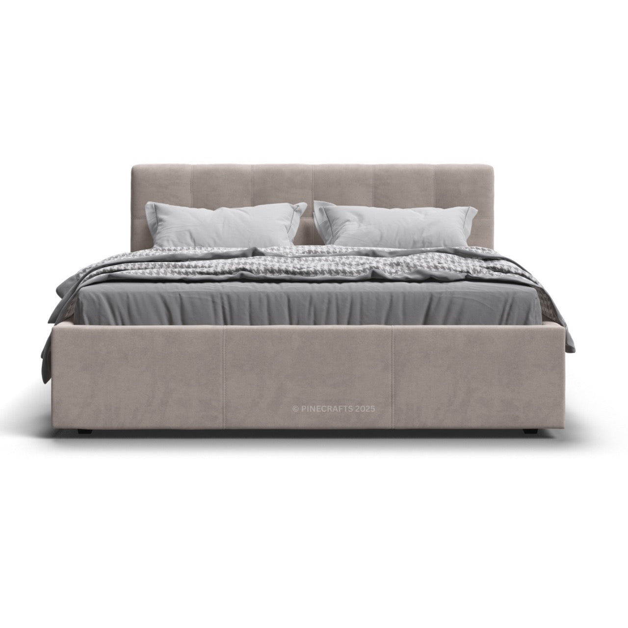 Gray upholstered bed with bedding on a white background