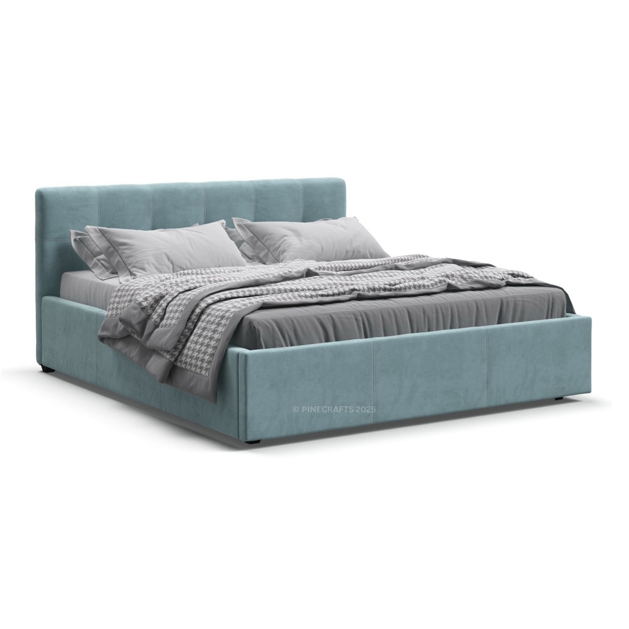 Teal bed with gray bedding on a white background