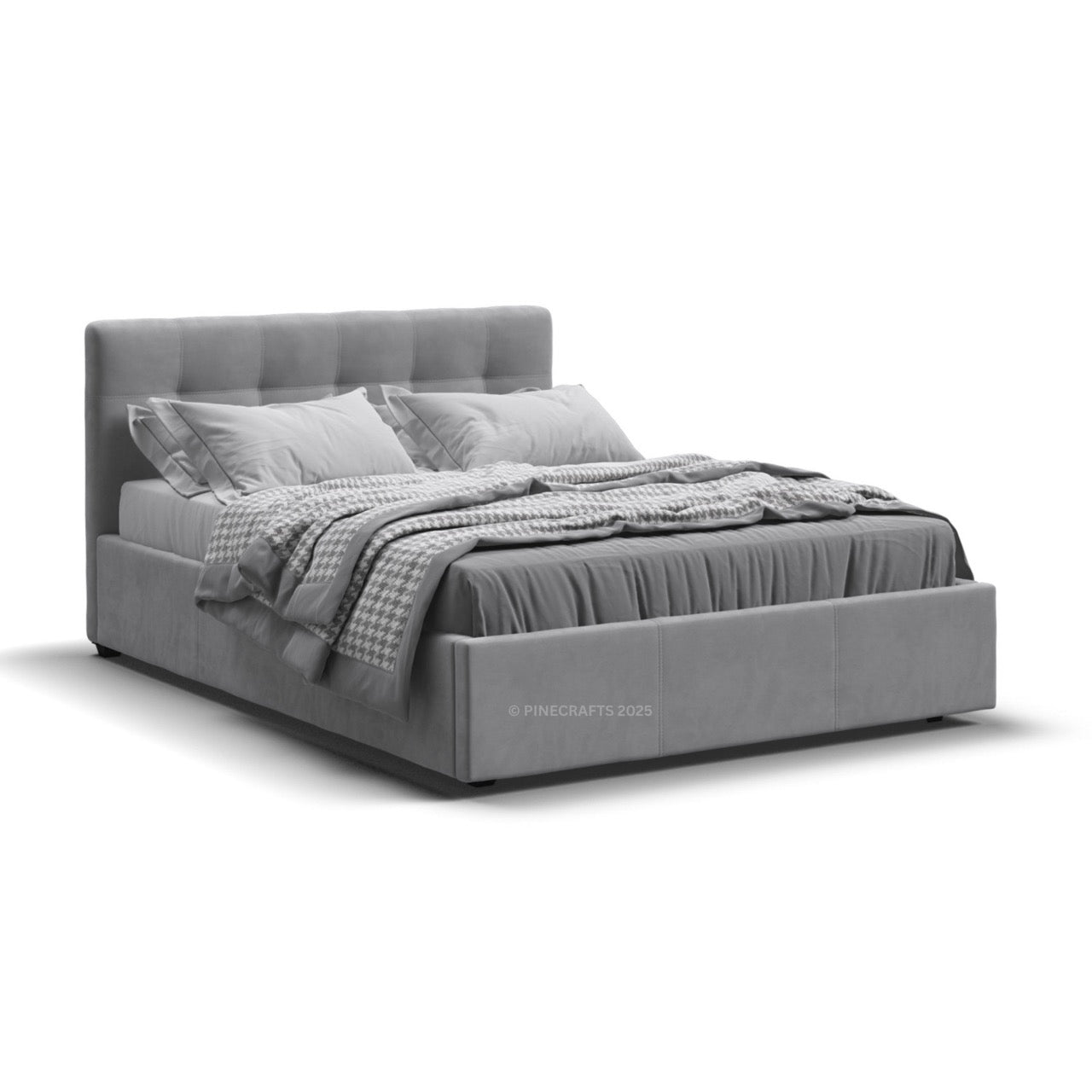 Gray upholstered bed with bedding on a white background