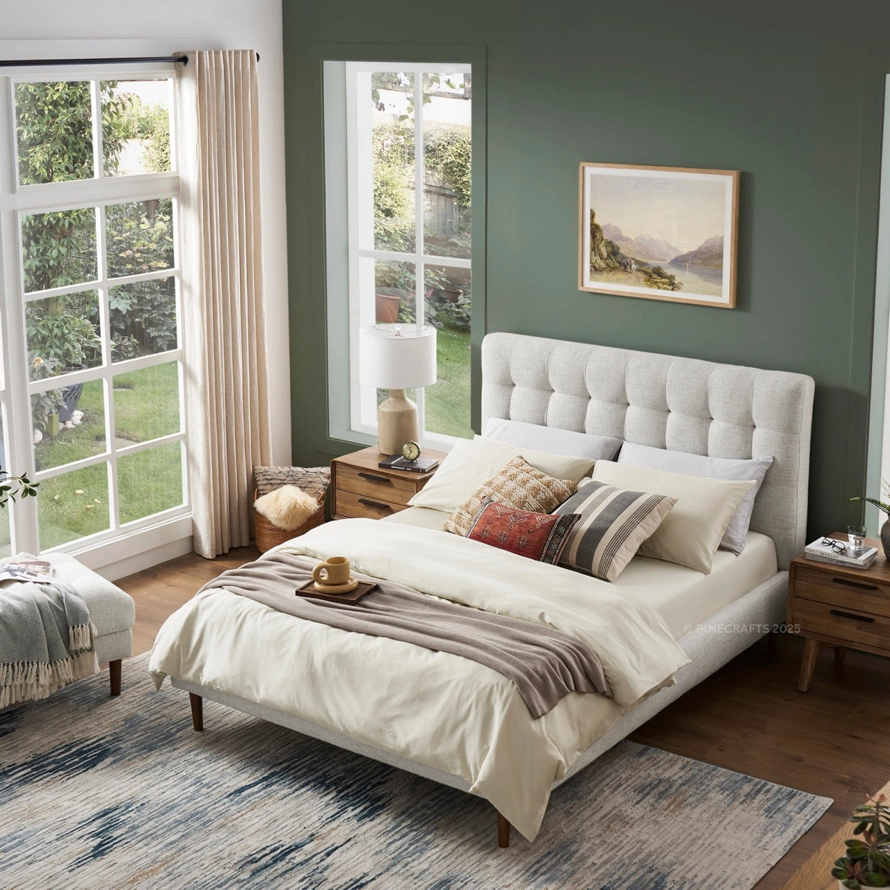 Neatly made bed in a bedroom with large windows and a painting on the wall.