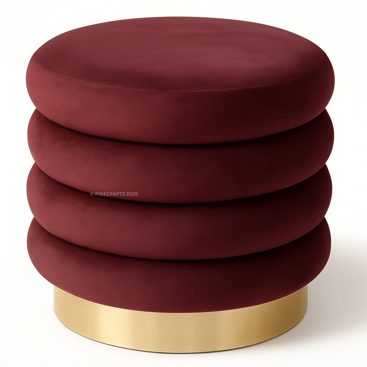 Stack of red cushions with a gold base on a white background