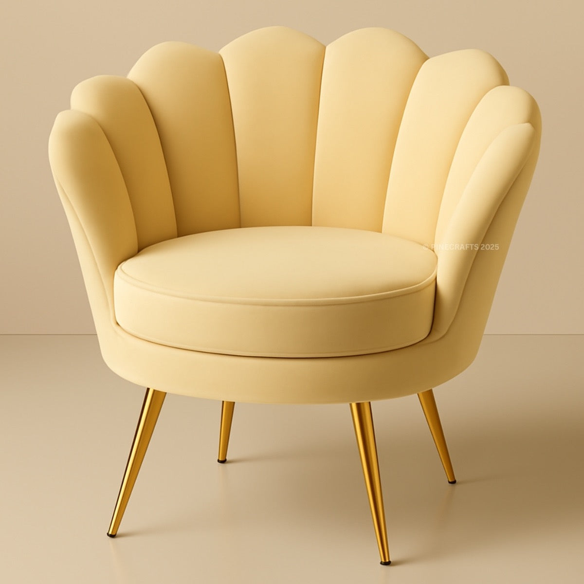Yellow armchair with scalloped backrest on a beige background