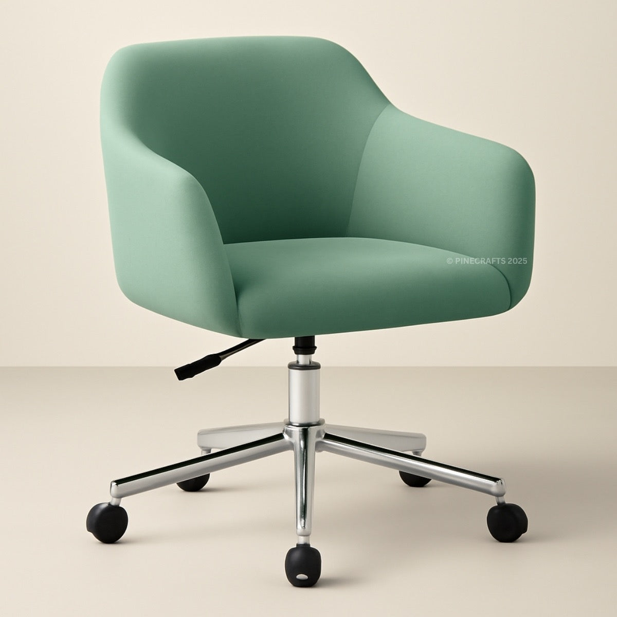 Green office chair with a beige background
