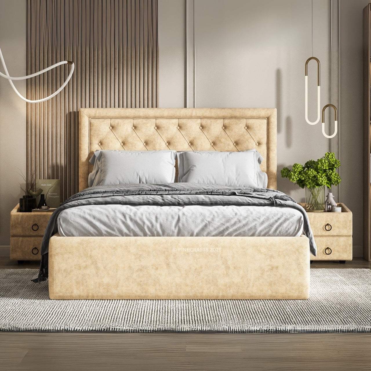 Beige upholstered bed with gray bedding in a modern bedroom setting.