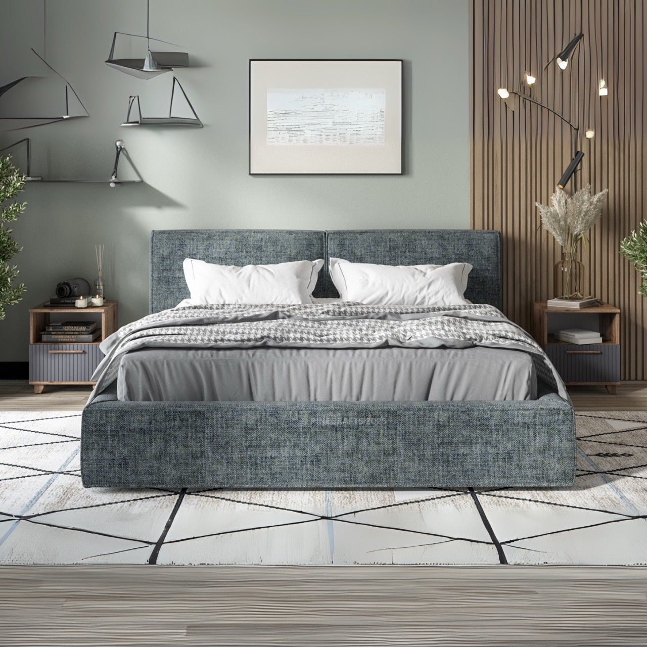 Modern bedroom with a gray upholstered bed, nightstands, and decorative elements.