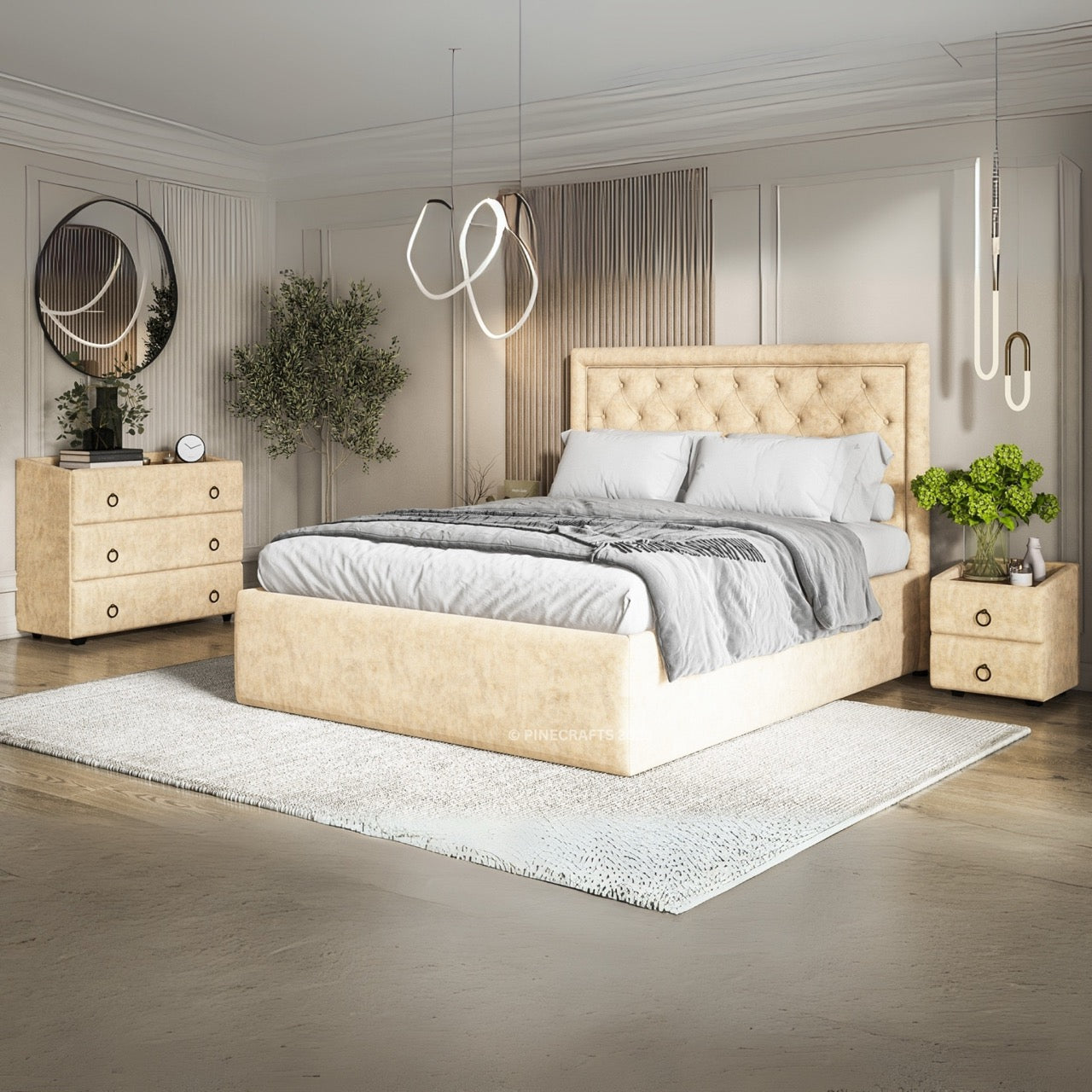 Modern bedroom with beige upholstered bed and matching furniture.