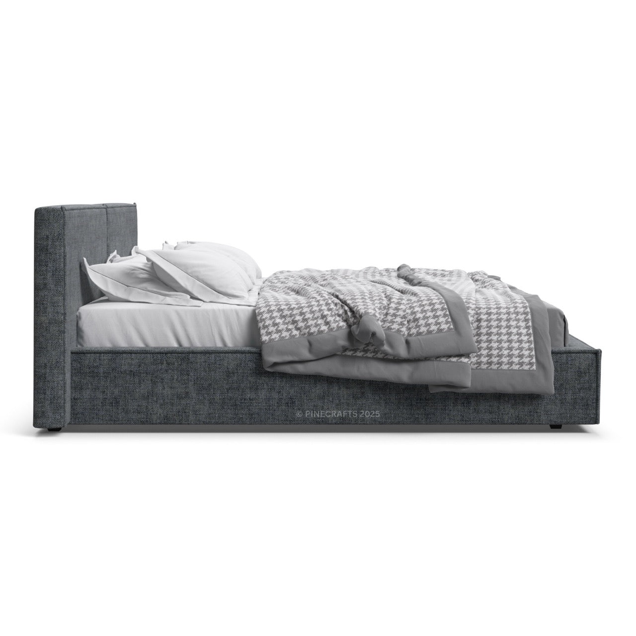 Gray upholstered bed with white bedding on a white background