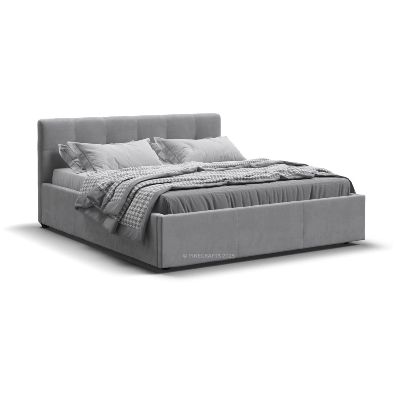 Gray upholstered bed with bedding on a white background
