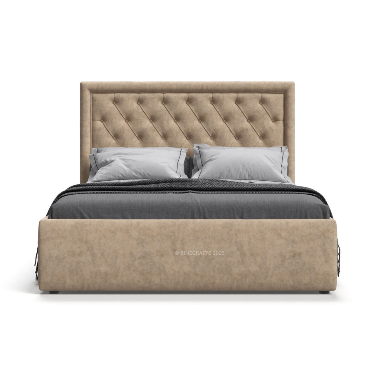 Beige upholstered bed with tufted headboard on a white background