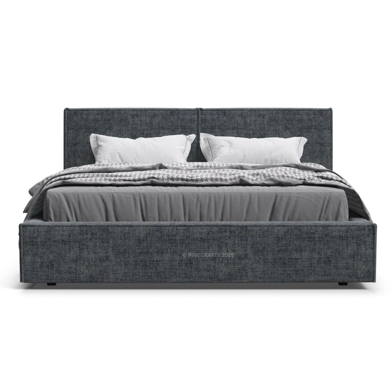 Gray upholstered bed with white bedding on a white background