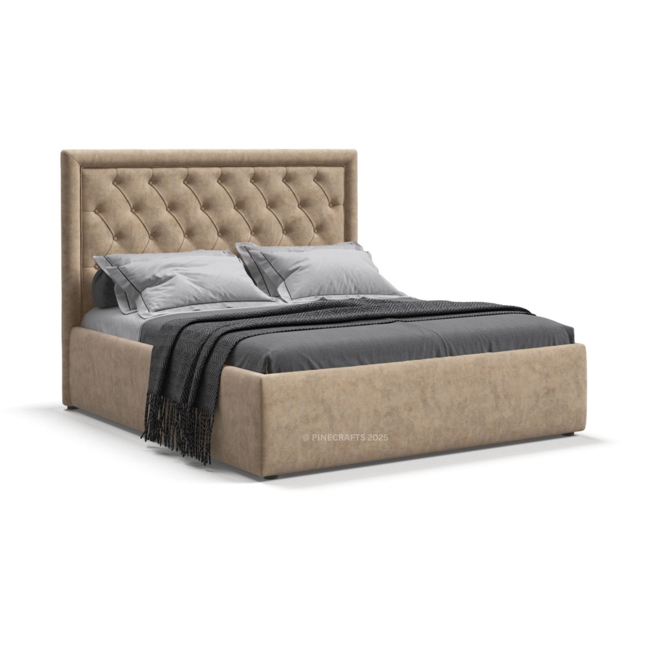 Beige upholstered bed with tufted headboard on a white background