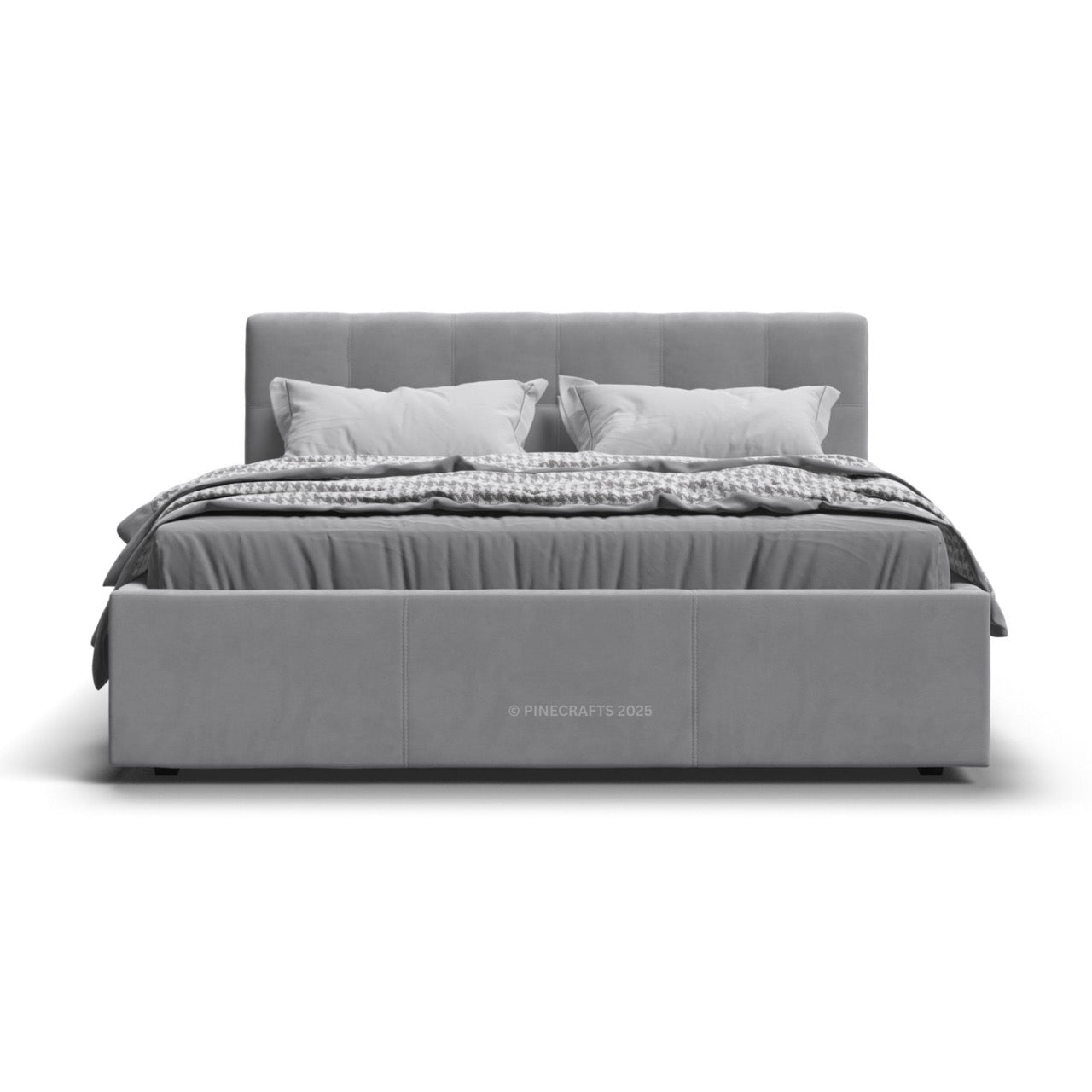 Gray upholstered bed with white bedding on a white background