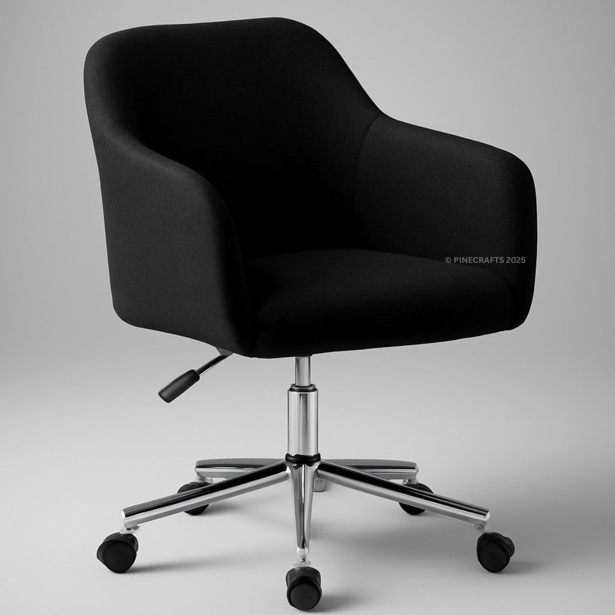 Black office chair with chrome base on a gray background