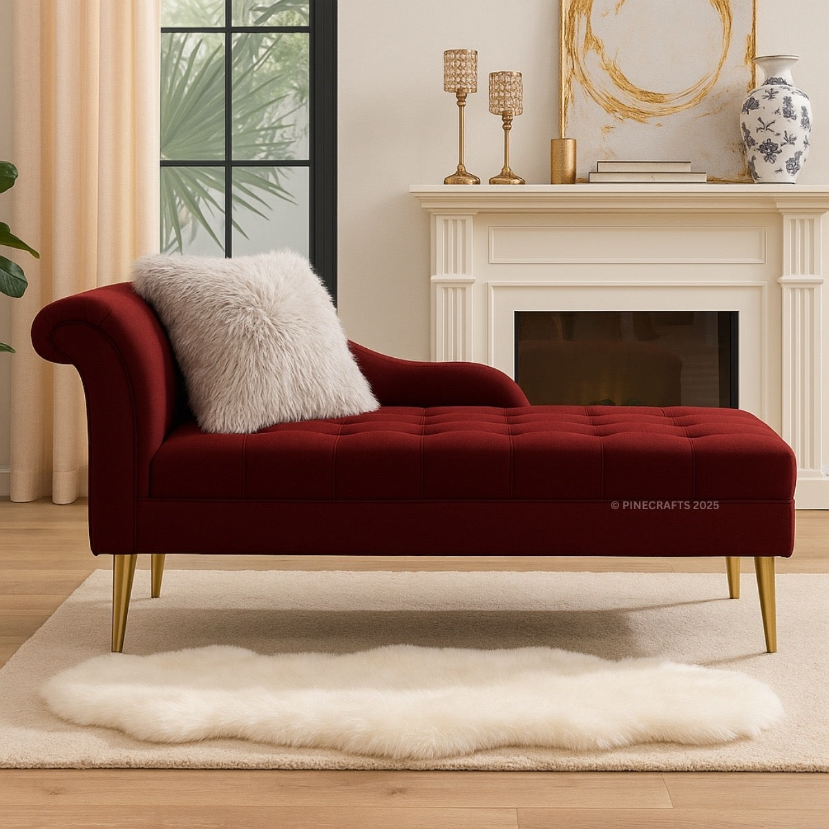 Red chaise lounge with a fluffy pillow in a living room setting.