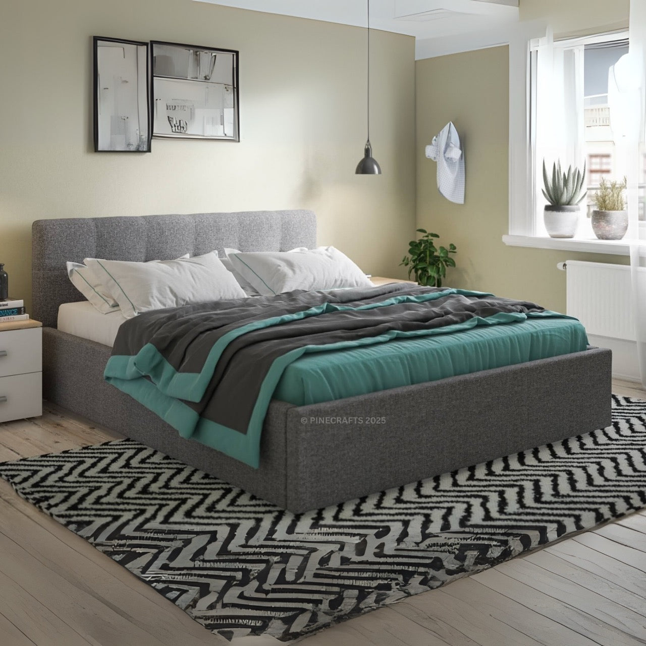 Modern bedroom with a gray upholstered bed and teal bedding.
