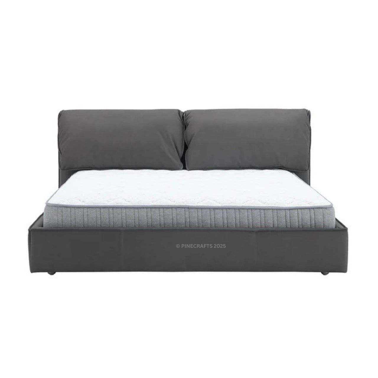 Gray upholstered bed with white mattress on a white background