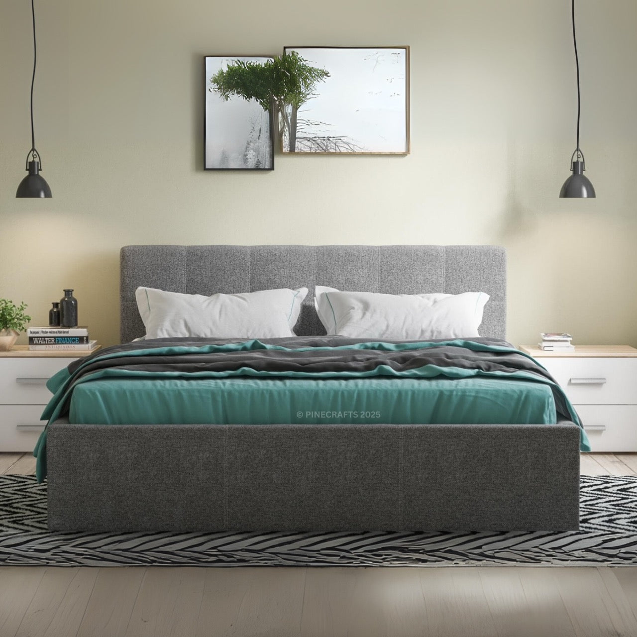 Bedroom with a gray upholstered bed, teal bedding, and white nightstands.