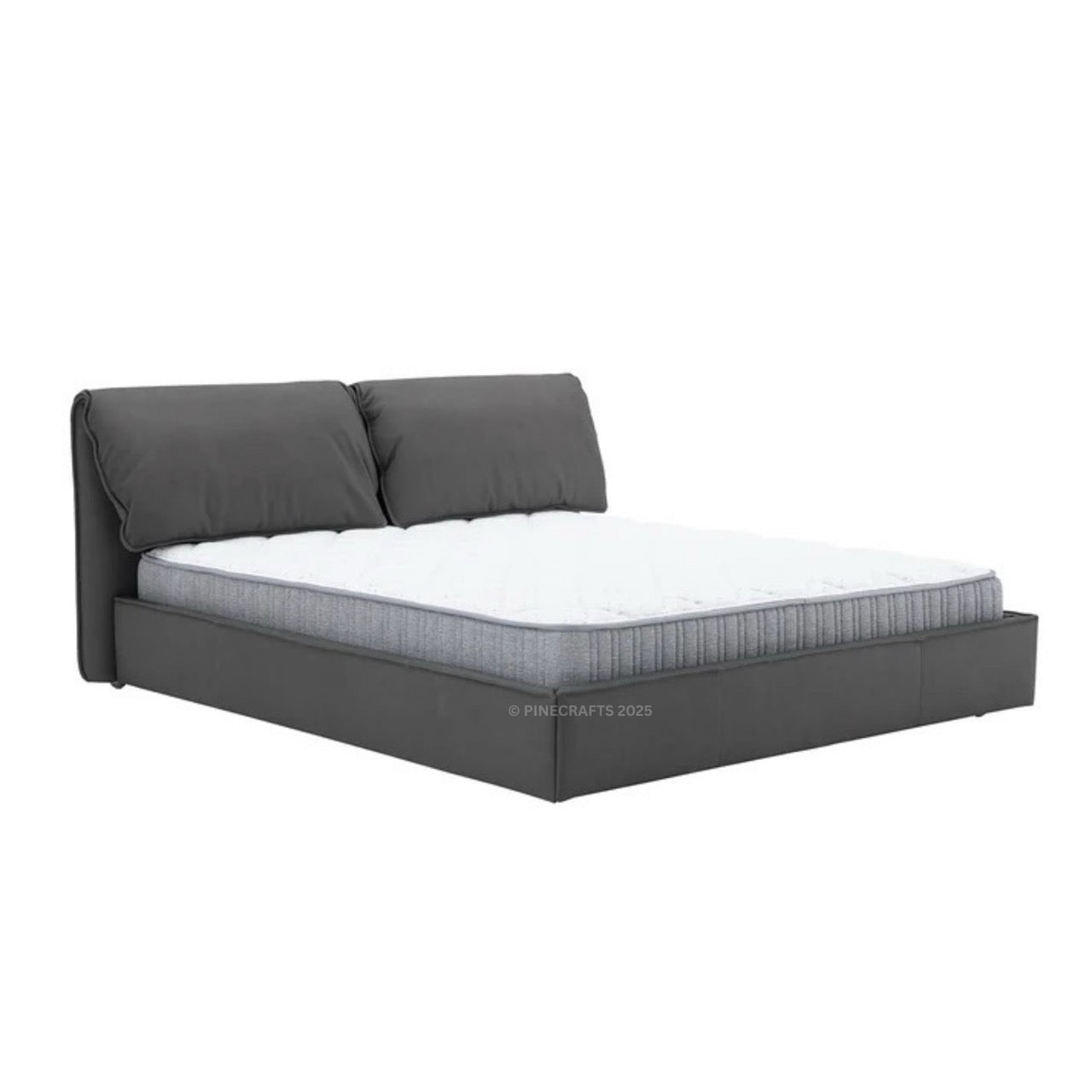 Gray upholstered bed with white mattress on a white background