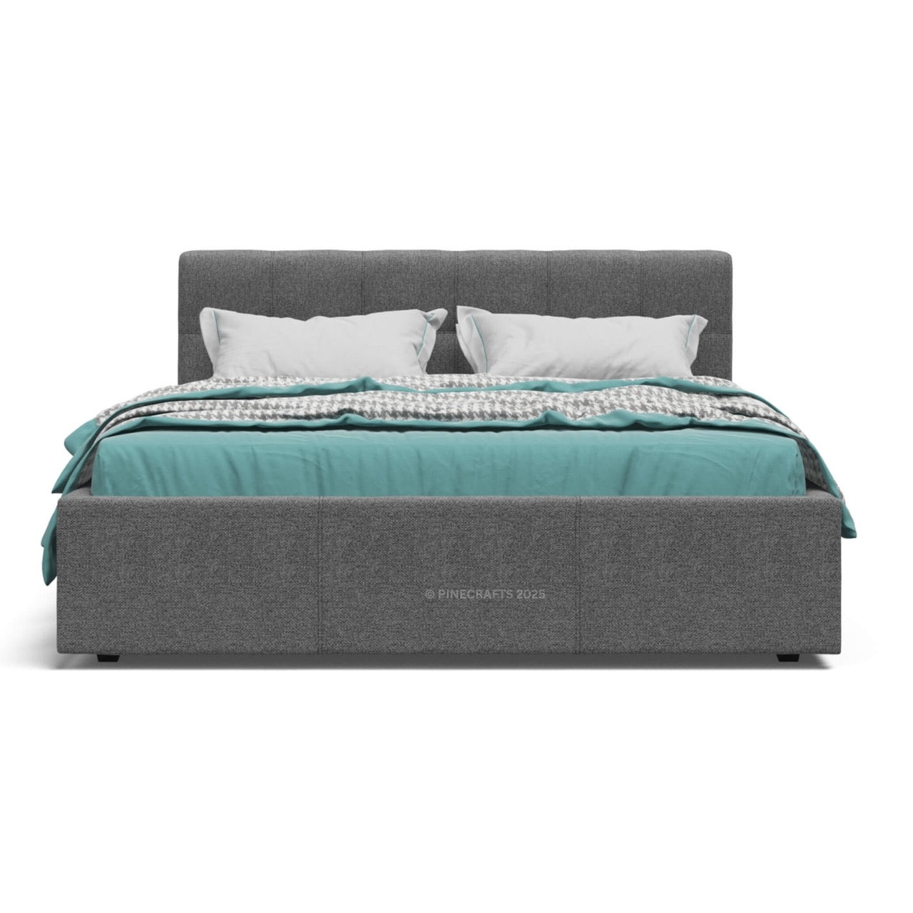 Gray upholstered bed with teal bedding on a white background