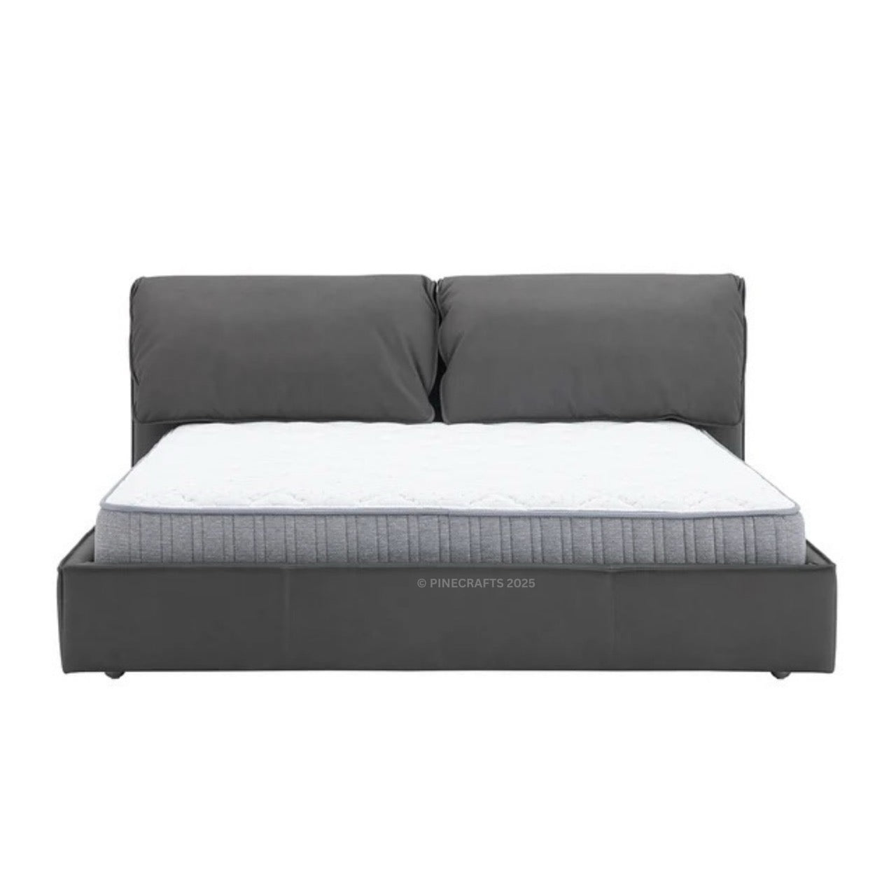 Gray upholstered bed with a mattress on a white background