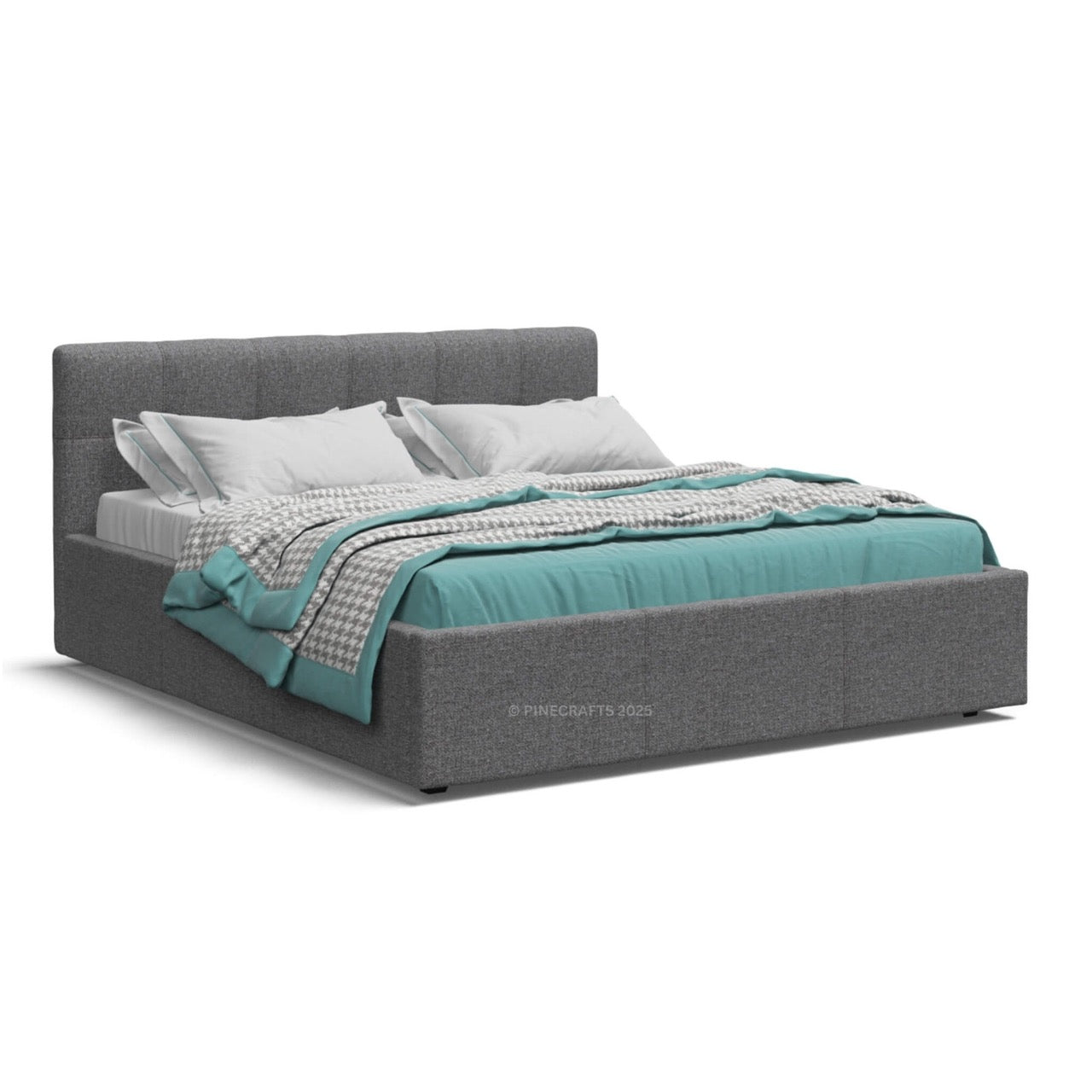 Gray upholstered bed with teal and white bedding on a white background