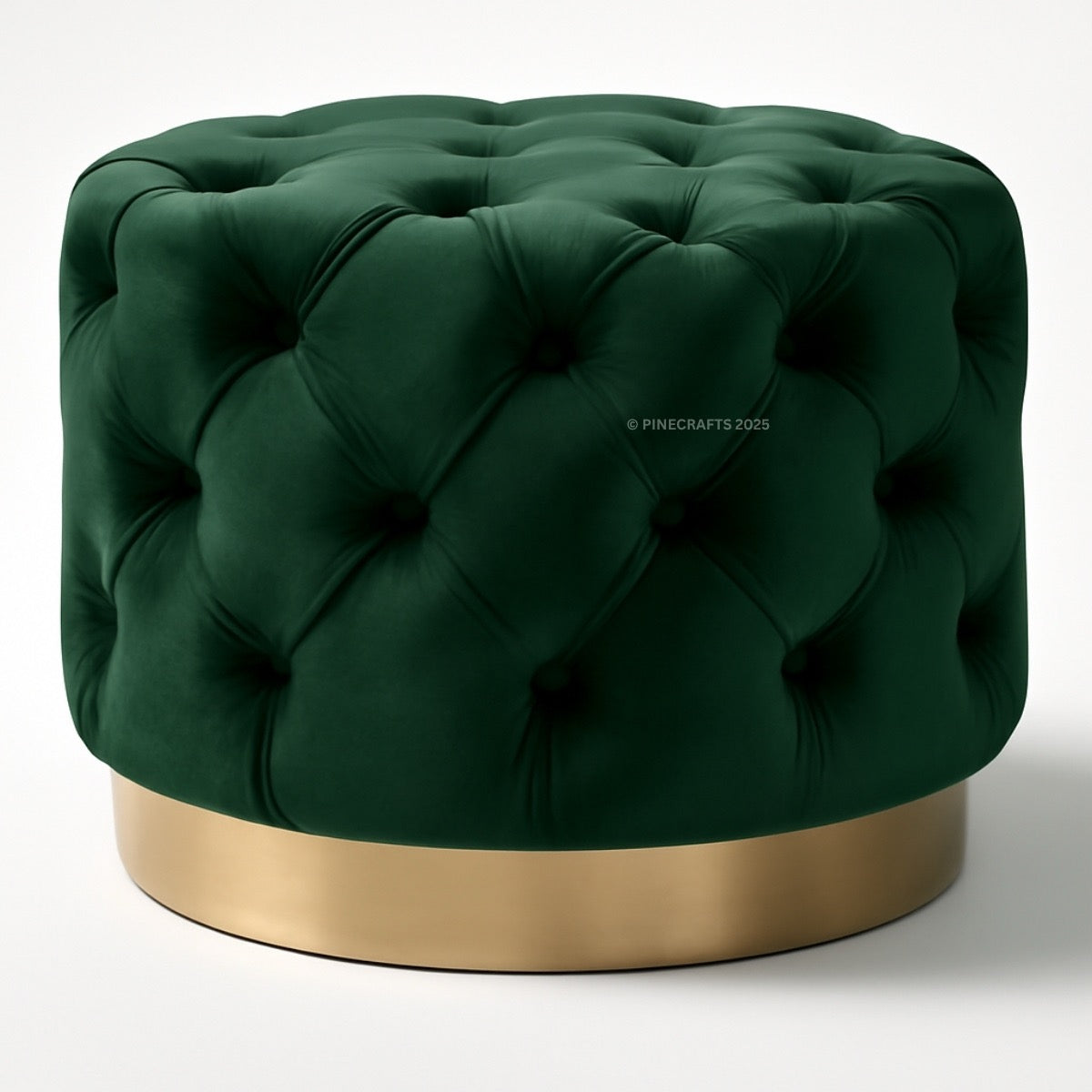Green tufted ottoman with a gold base on a white background