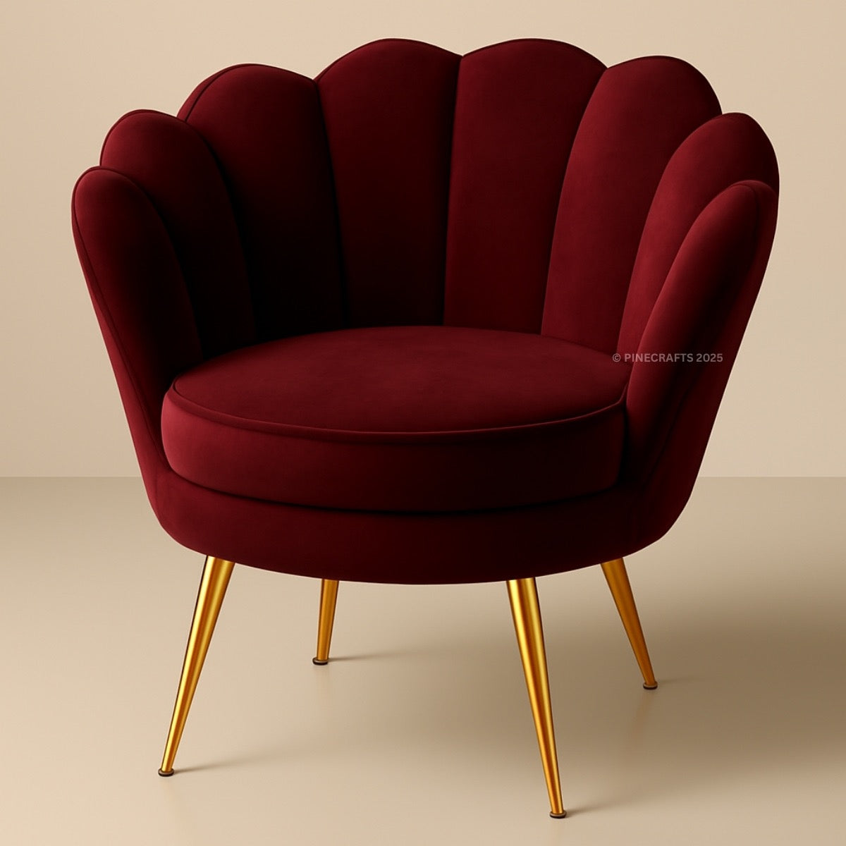 Maroon armchair with gold legs on a beige background