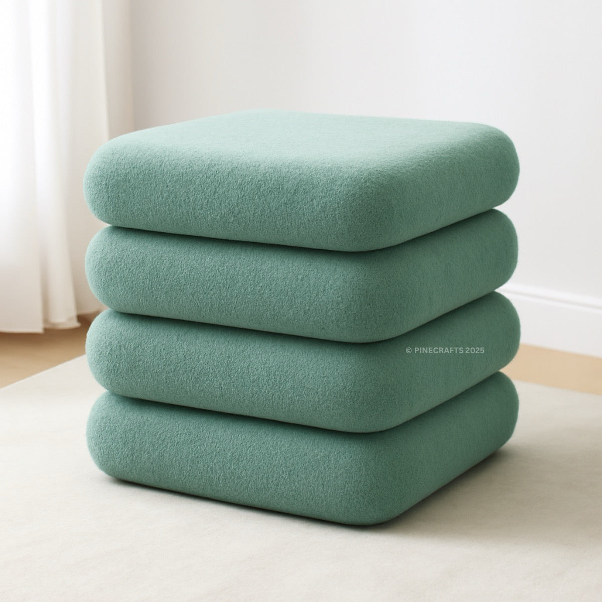 Stack of four teal cushions on a light surface with a neutral background