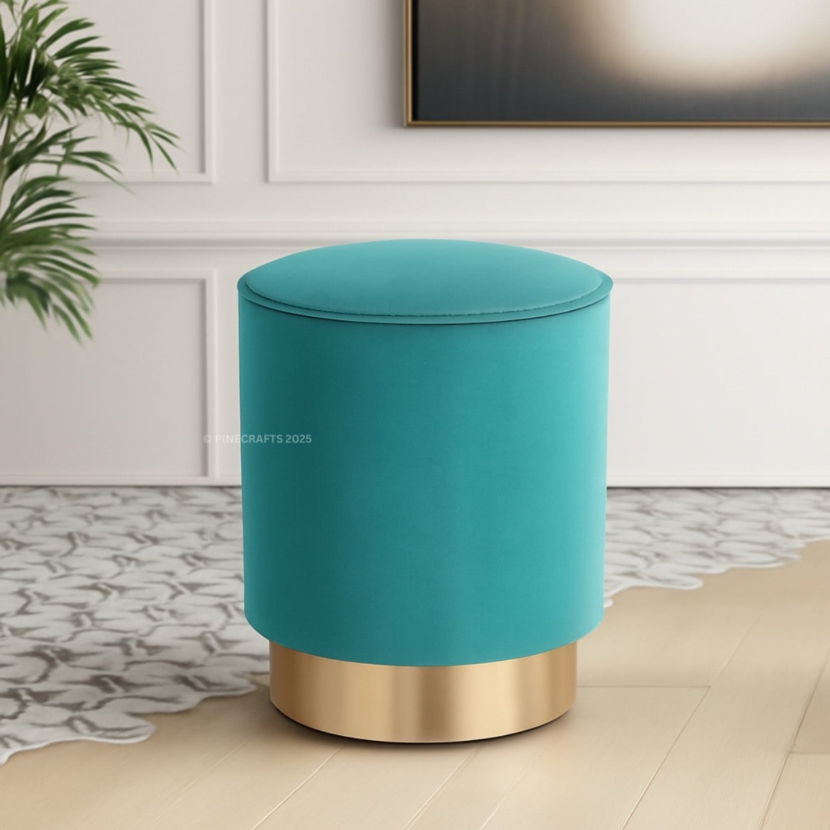 Teal stool with gold base in a room setting
