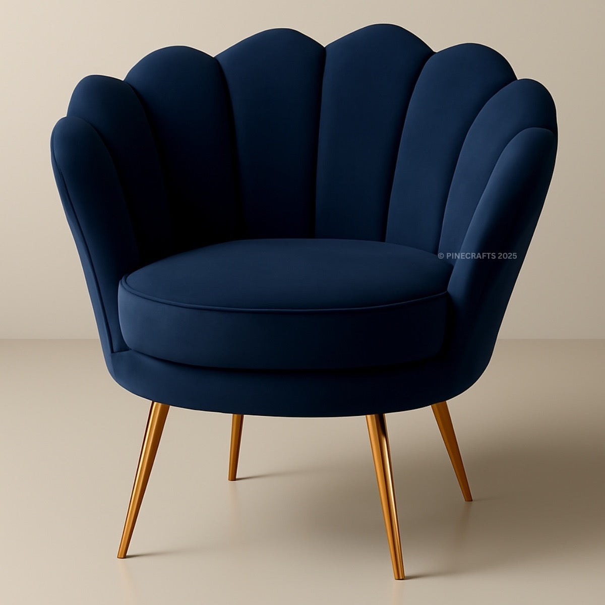 Blue armchair with scalloped backrest on a beige background